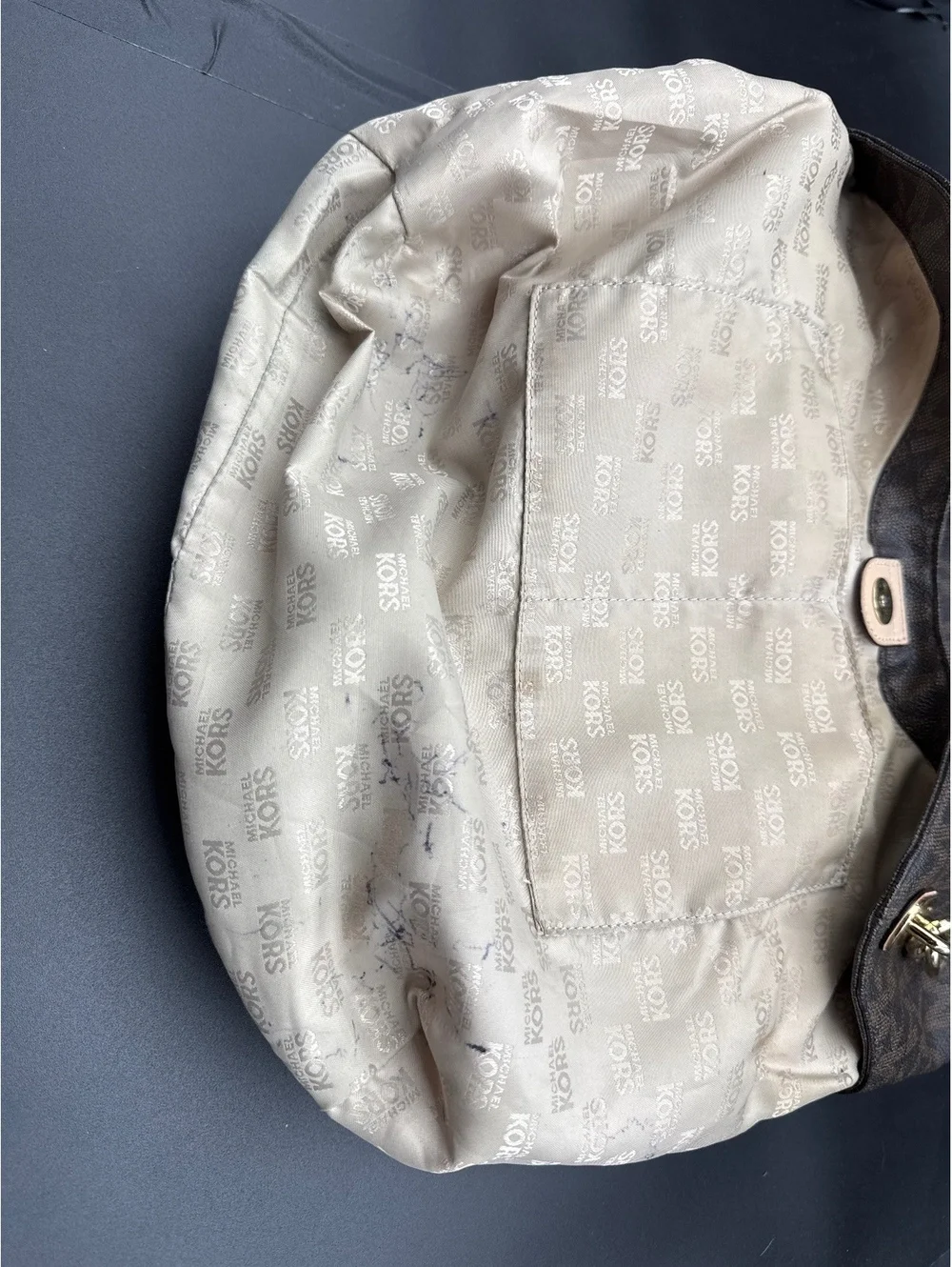 Michael Kors Large Brown MK Logo Tote Bag with Gold Chain
